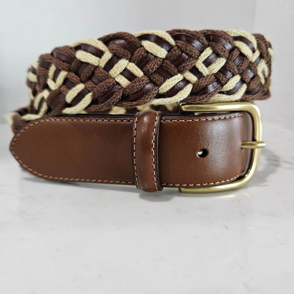 Tommy Bahama Mens Braided Canvas & Leather Belt Brown Beige Size 40 Brass Buckle